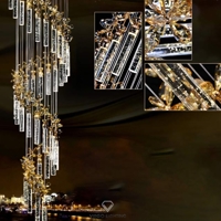 Đèn thông tầng dimmer thanh pha lê có hoa TH474.2 gồm 40 đèn 3 màu, mâm trắng gương 8K KT(mm): D1000xH2800